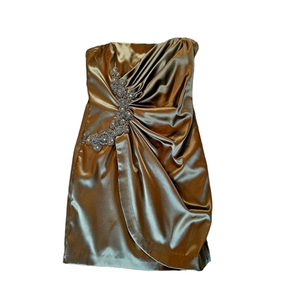 Army Green (NOT Brown) Short Strapless Satin Formal Dress with Beading Size XS